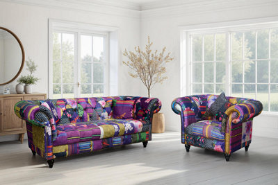 Multicoloured Patchwork Fabric 3 + 1 Seater Chesterfield Sofa And Armchair Set For Living Room Portofino - image 1