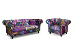 Multicoloured Patchwork Fabric 3 + 1 Seater Chesterfield Sofa And Armchair Set For Living Room Portofino - thumbnail 2