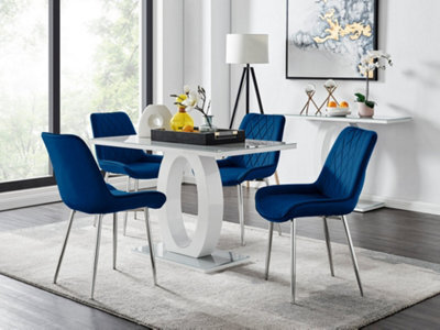 Furniturebox Giovani Rectangular 4 Seat White High Gloss Unique Halo Base Dining Table Grey Glass Top 4 Navy Velvet Silver Leg Pesaro Chairs - image 1
