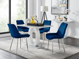 Furniturebox Giovani Rectangular 4 Seat White High Gloss Unique Halo Base Dining Table Grey Glass Top 4 Navy Velvet Silver Leg Pesaro Chairs - thumbnail 1