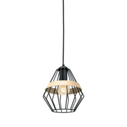Milagro Cliff Black Pendant Lamp 1Xe27 Hand Made Matt Black Cage Style Lamps With Natural Wood Detail - thumbnail 2