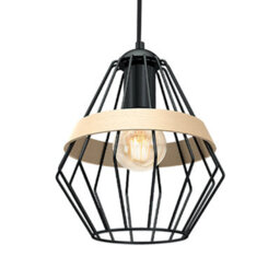 Milagro Cliff Black Pendant Lamp 1Xe27 Hand Made Matt Black Cage Style Lamps With Natural Wood Detail - thumbnail 3