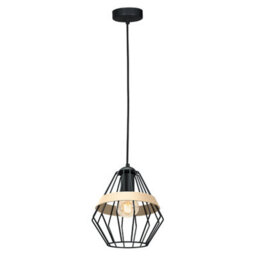 Milagro Cliff Black Pendant Lamp 1Xe27 Hand Made Matt Black Cage Style Lamps With Natural Wood Detail - thumbnail 4