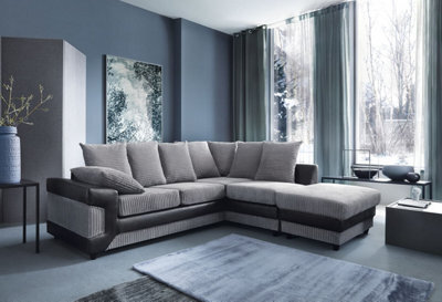 SquareBoxx Toledo L Shape Corner Grey Jumbo Cord Sofa With A Modern Black Leather Trim - Right Hand Facing Chaise - image 1