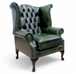 Chesterfield High Back Wing Chair Antique Green Leather Bespoke In Queen Anne Style - thumbnail 2