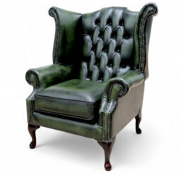 Chesterfield High Back Wing Chair Antique Green Leather Bespoke In Queen Anne Style - thumbnail 3