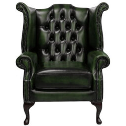 Chesterfield High Back Wing Chair Antique Green Leather Bespoke In Queen Anne Style