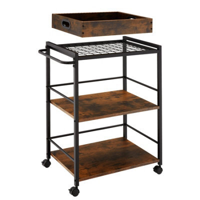 Tectake Drinks Trolley Worcester - 3 Shelves And Removable Tray, 4 Swivel Castors With Parking Brake - Industrial Wood Dark, Rustic - image 1