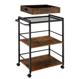 Tectake Drinks Trolley Worcester - 3 Shelves And Removable Tray, 4 Swivel Castors With Parking Brake - Industrial Wood Dark, Rustic - thumbnail 1