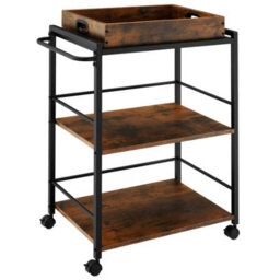 Tectake Drinks Trolley Worcester - 3 Shelves And Removable Tray, 4 Swivel Castors With Parking Brake - Industrial Wood Dark, Rustic - thumbnail 2