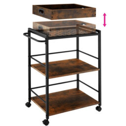 Tectake Drinks Trolley Worcester - 3 Shelves And Removable Tray, 4 Swivel Castors With Parking Brake - Industrial Wood Dark, Rustic - thumbnail 6
