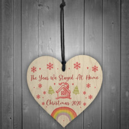 Red Ocean Year We Stayed At Home Christmas Tree Bauble Wood Heart Lockdown Family Gift - thumbnail 2