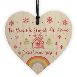 Red Ocean Year We Stayed At Home Christmas Tree Bauble Wood Heart Lockdown Family Gift