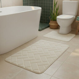 2 Piece Block Design Memory Foam Bath Mat Set Soft Absorbent Non-Slip Bathroom Cream