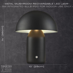 Happy Homewares Modern Rechargeable 35Cm Mushroom Lamp In Mat Black With Touch Dimmer Button - thumbnail 7
