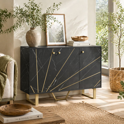 Wyld Haus Suno Black Marble-Effect Sideboard With Gold-Tone Metal Legs, 3 Doors, 107Cm - image 1