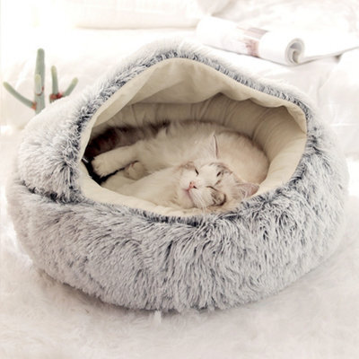 Living And Home Grey Faux Fur Cotton Pad Cat Bed Dia 400 mm - image 1