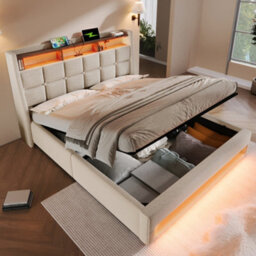 Abrihome Modern 6Ft Super King Bed With Led Lights, Usb Charging & Storage Headboard, 180X200Cm, Beige Linen