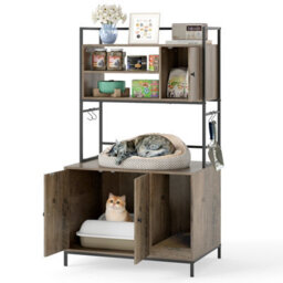 Costway Cat Litter Box Enclosure With Storage Shelves Indoor Wooden Kitten House Pet Cabinet