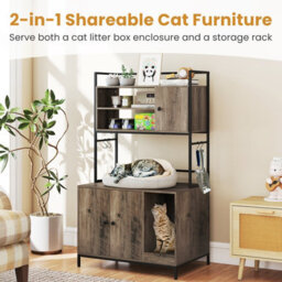 Costway Cat Litter Box Enclosure With Storage Shelves Indoor Wooden Kitten House Pet Cabinet - thumbnail 5