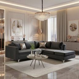 Orlando Velvet Living Room Corner Sofa Metal Legs Freestanding Upholstered Back 2355Cm 212Cm 85Cm Black Right - thumbnail 2