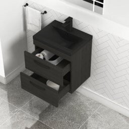 Royal Bathrooms Turin 500mm Wall Hung Vanity Unit 2 Drawer Hale Black With Black Basin & Handles - thumbnail 6