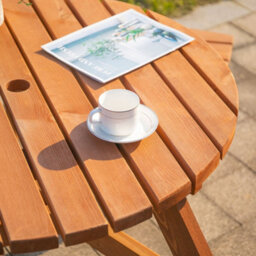 Wyld Haus 6-Seater Round Wooden Picnic Table With 3 Connected Benches And Parasol Hole, Brown-Red - thumbnail 9