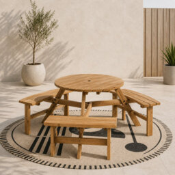 Wyld Haus 6-Seater Round Wooden Picnic Table With 3 Connected Benches And Parasol Hole, Brown-Red