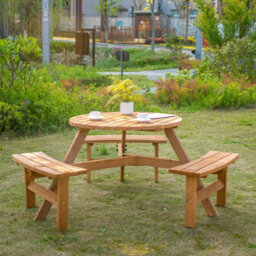 Wyld Haus 6-Seater Round Wooden Picnic Table With 3 Connected Benches And Parasol Hole, Brown-Red - thumbnail 3