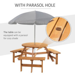 Wyld Haus 6-Seater Round Wooden Picnic Table With 3 Connected Benches And Parasol Hole, Brown-Red - thumbnail 5