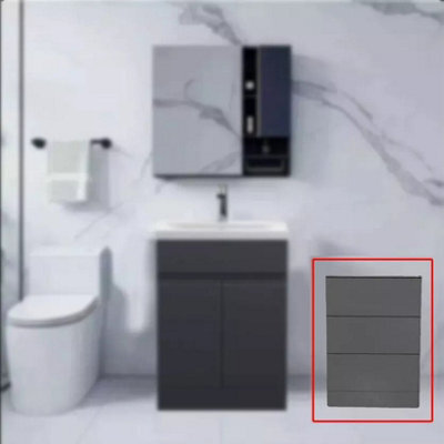 D Pro T Bathrooms Modern Handleless High Gloss Dark Grey Bathroom Storage Cabinet With 3 Soft-Close Drawers - Durable, Space-Saving Design