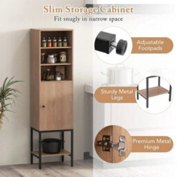 147 Cm Tall Bathroom Cabinet Slim Storage Cabinet With Adjustable Natural - thumbnail 3