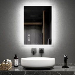 Emke Bluetooth Bathroom Mirror With Shaver Socket, 450X600mm Blue Atmosphere Light Mirror With 2 Color, Dimmable, Demister - thumbnail 1