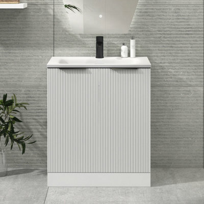 Royal Bathrooms Evora 700mm Matt White Fluted Floor Standing Bathroom Vanity Unit 2 Door Cabinet Storage With Stone Basin & Matt Black Handles - image 1