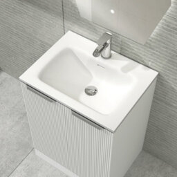 Royal Bathrooms Evora 700mm Matt White Fluted Floor Standing Bathroom Vanity Unit 2 Door Cabinet Storage With Stone Basin & Matt Black Handles - thumbnail 5
