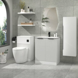 Royal Bathrooms Evora 700mm Matt White Fluted Floor Standing Bathroom Vanity Unit 2 Door Cabinet Storage With Stone Basin & Matt Black Handles - thumbnail 2