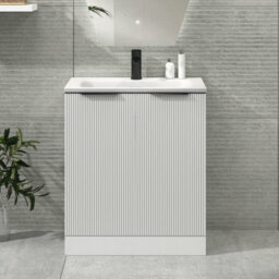 Royal Bathrooms Evora 700mm Matt White Fluted Floor Standing Bathroom Vanity Unit 2 Door Cabinet Storage With Stone Basin & Matt Black Handles
