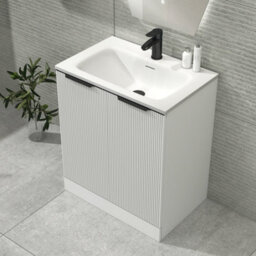 Royal Bathrooms Evora 700mm Matt White Fluted Floor Standing Bathroom Vanity Unit 2 Door Cabinet Storage With Stone Basin & Matt Black Handles - thumbnail 4
