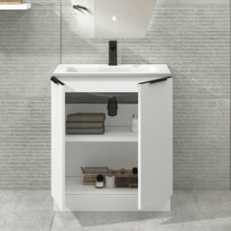 Royal Bathrooms Evora 700mm Matt White Fluted Floor Standing Bathroom Vanity Unit 2 Door Cabinet Storage With Stone Basin & Matt Black Handles - thumbnail 3