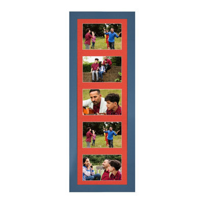AK Frames 26X8 Navy Blue Sleek Multi Photo Frame With Poppy Red Mount - Holds 5 Apertures (5X) 6X4 Photos - image 1