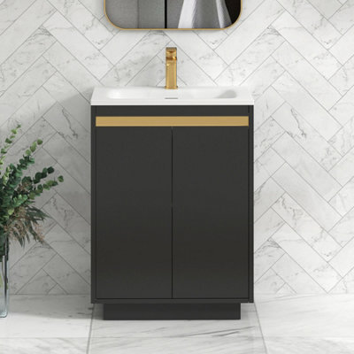 Royal Bathrooms Orion 600mm Matt Obsidian Black 2 Door Floor Standing Vanity Unit With Stone Basin & Brushed Brass Strip - image 1