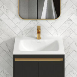 Royal Bathrooms Orion 600mm Matt Obsidian Black 2 Door Floor Standing Vanity Unit With Stone Basin & Brushed Brass Strip - thumbnail 6