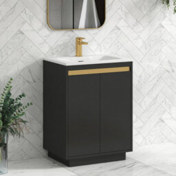 Royal Bathrooms Orion 600mm Matt Obsidian Black 2 Door Floor Standing Vanity Unit With Stone Basin & Brushed Brass Strip - thumbnail 5