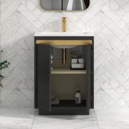 Royal Bathrooms Orion 600mm Matt Obsidian Black 2 Door Floor Standing Vanity Unit With Stone Basin & Brushed Brass Strip - thumbnail 4