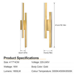 Pheashine Gold Nordic Led Acrylic Wall Lamp, 40X9.5X4Cm With 3-Color Light 3000/4500/6500K - thumbnail 4