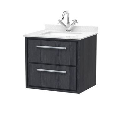 Hudson Reed Lille Wall Hung 2 Drawer Vanity With Marble Top & 1 Tap Hole Basin, Graphite Woodgrain, 617 X 620 mm - image 1