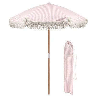 Harbour Housewares 1.4M Wooden Garden Parasol With Tassel Fringe Portable Free-Standing Umbrella With Carry Bag - Pastel Pink Stripe - Upf30+ - image 1