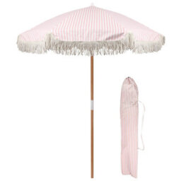 Harbour Housewares 1.4M Wooden Garden Parasol With Tassel Fringe Portable Free-Standing Umbrella With Carry Bag - Pastel Pink Stripe - Upf30+ - thumbnail 1