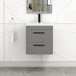 Royal Bathrooms Turin Indigo Grey Gloss 500mm Wall Hung Vanity Unit 2 Drawer With Mid-Edge Basin Sink & Matt Black Handles