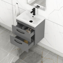 Royal Bathrooms Turin Indigo Grey Gloss 500mm Wall Hung Vanity Unit 2 Drawer With Mid-Edge Basin Sink & Matt Black Handles - thumbnail 3